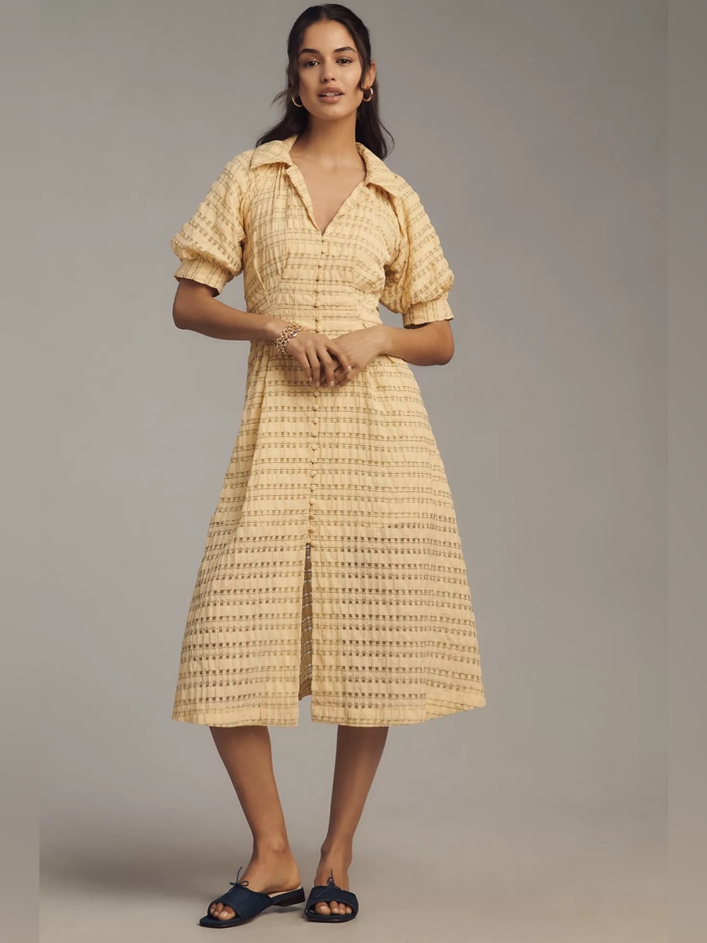 English Factory Seersucker Short-Sleeve A-Line Midi Yellow Shirt Dress Size S